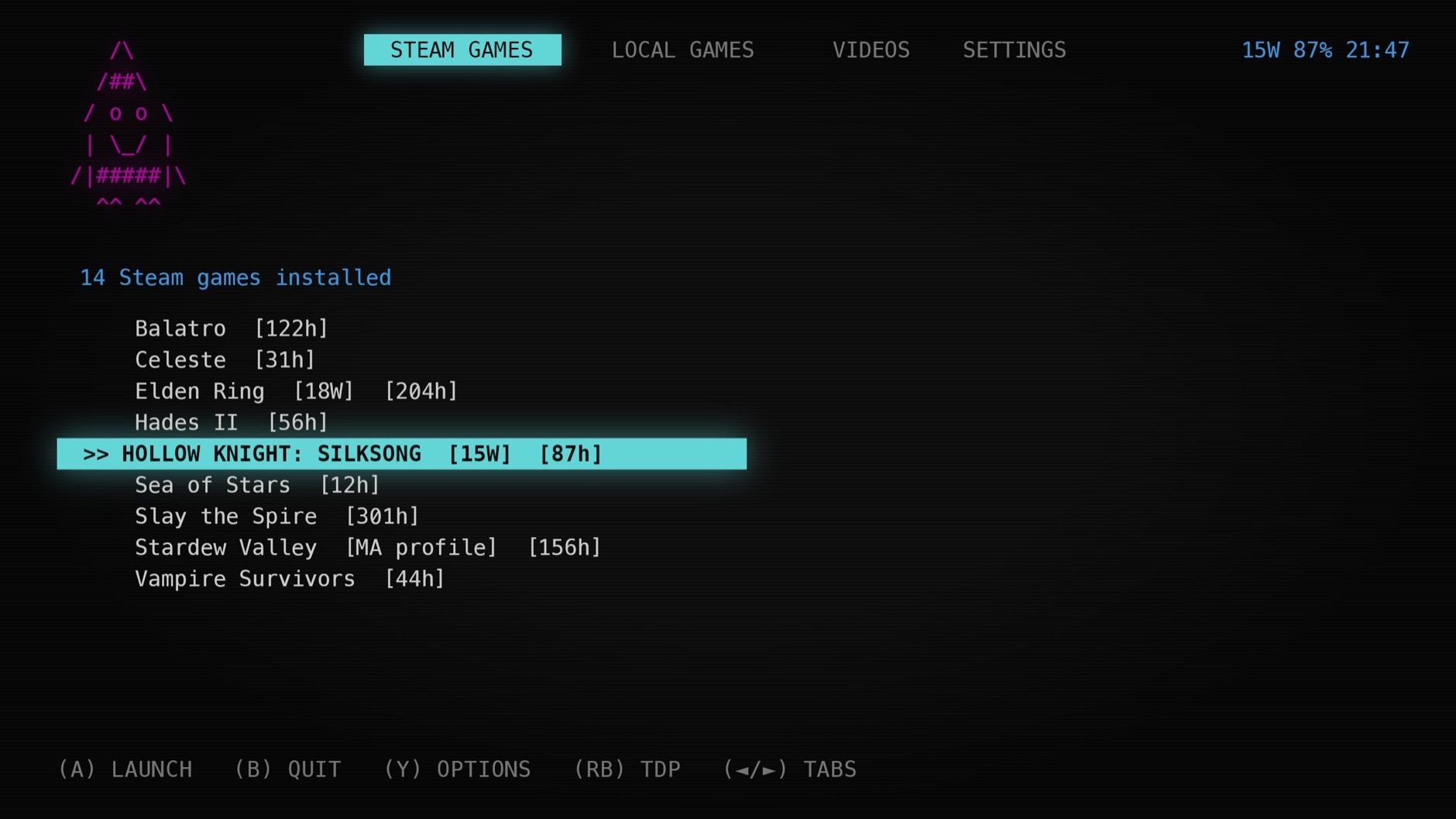 The launcher — your Steam library in a fast full-screen list