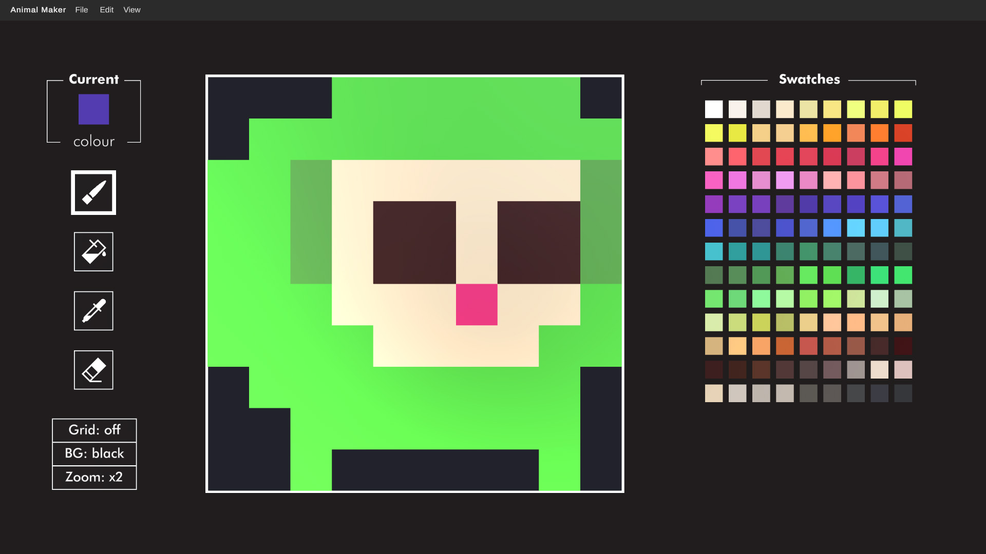 Green pixel-art frog face on the editor canvas beside colour swatches