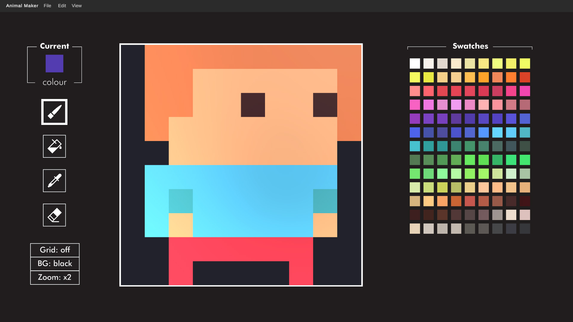Orange pixel-art character with a blue shirt in the editor