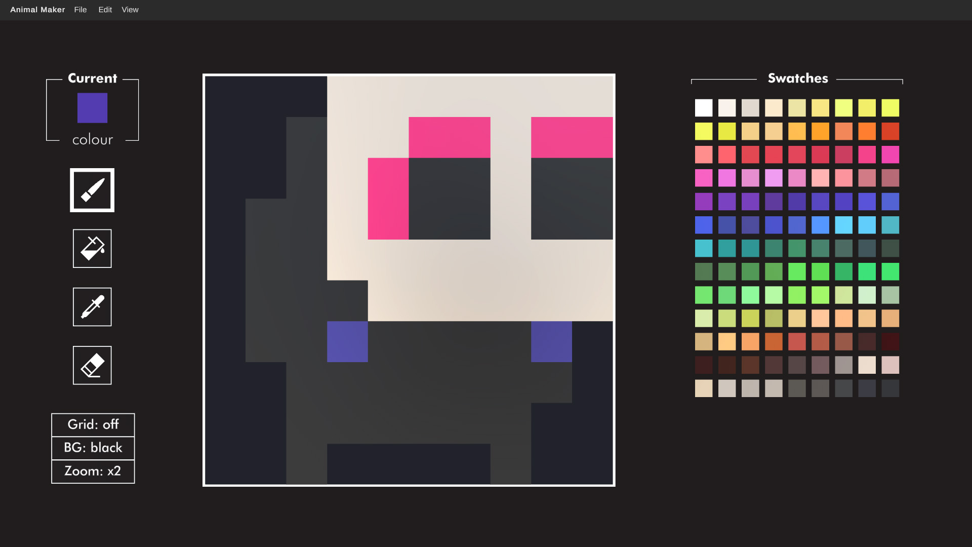 Dark grey pixel-art cat with pink ears on a cream background