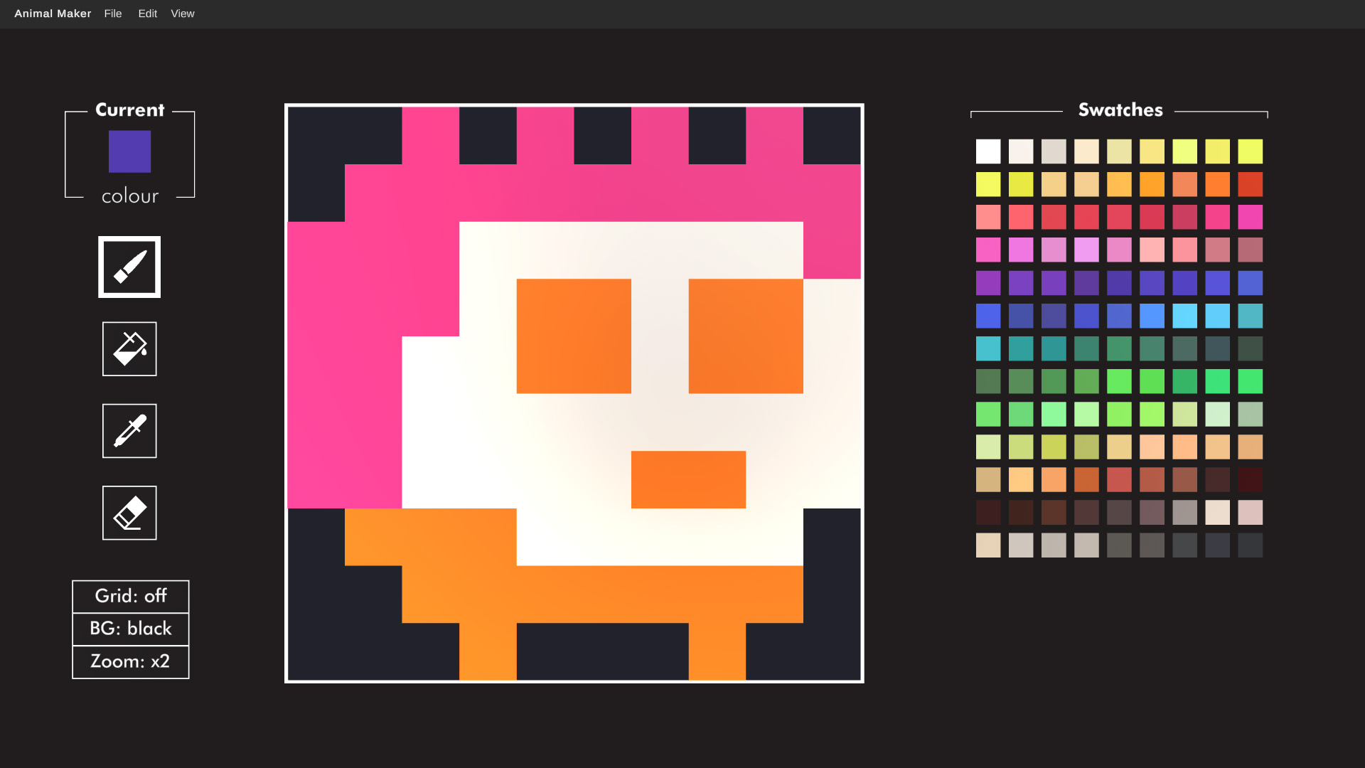 Pink-crested pixel-art bird with orange eyes and feet