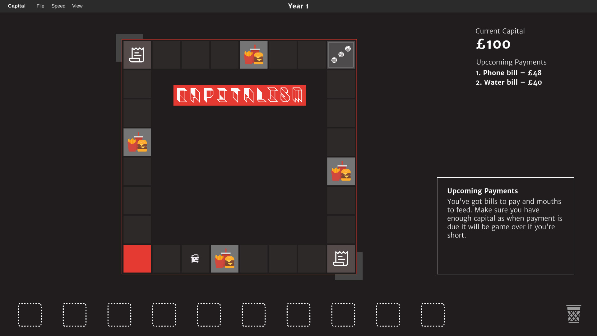 Year 1 game board with £100 capital and upcoming bill payments