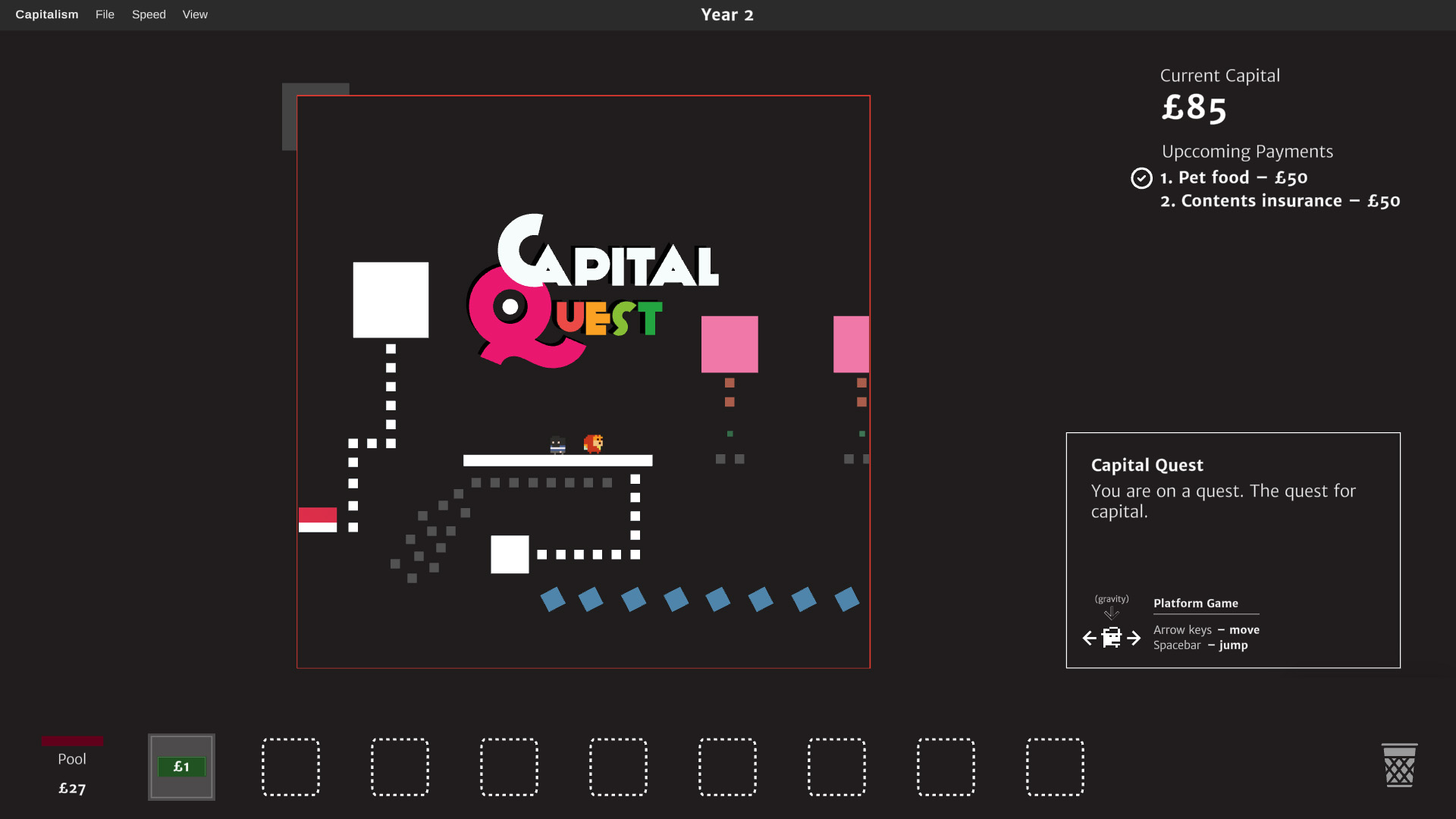 Capital Quest platforming mini-game with white platforms and colourful logo