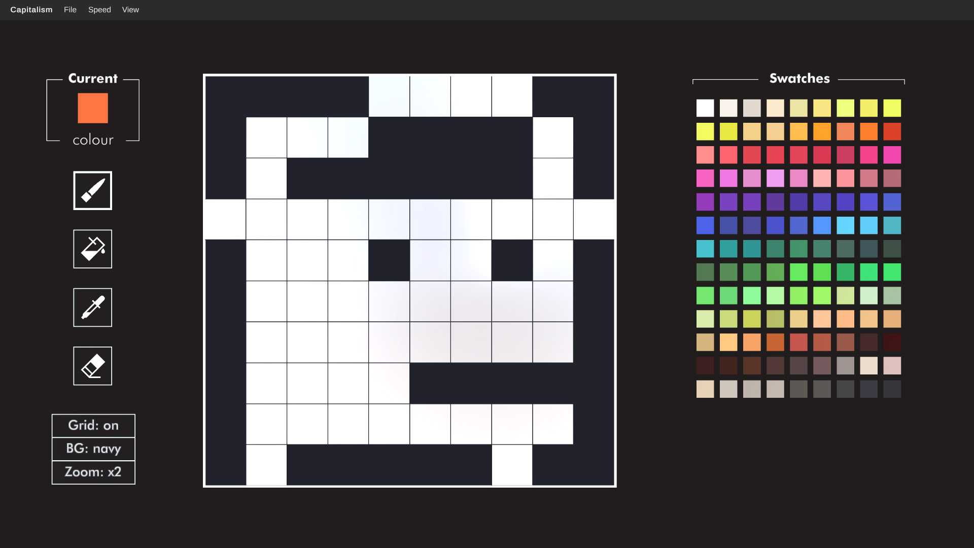 Pixel-art character creator with brush tools and colour swatches