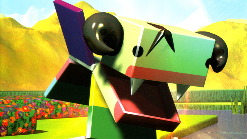 Colourful blocky Cubivore creature with fanged open mouth in a cube-shaped landscape