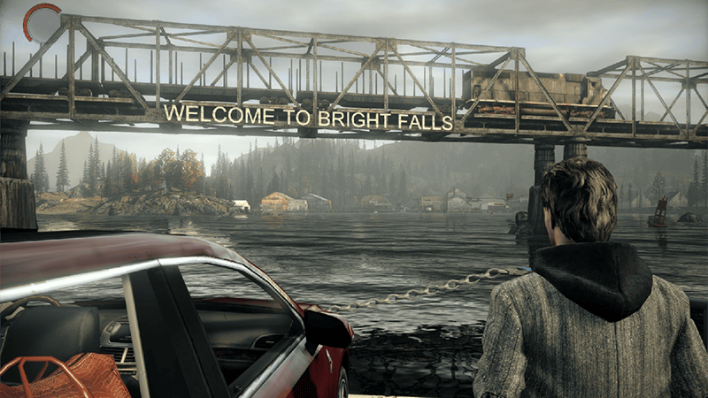 Alan Wake arriving beneath the Welcome to Bright Falls bridge sign