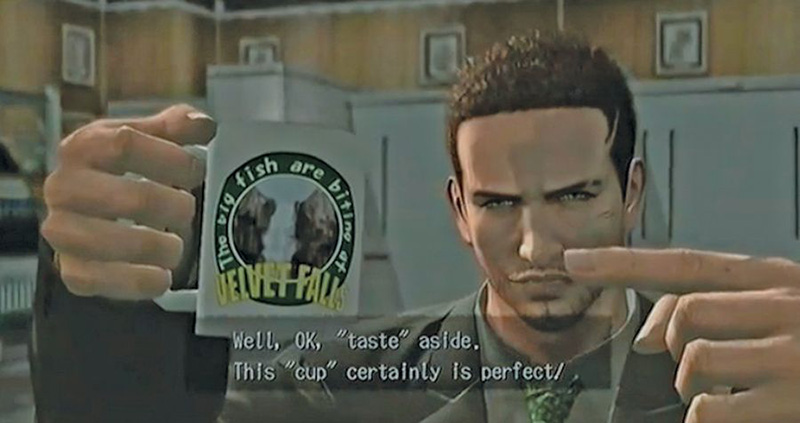 Agent York admiring a Velvet Falls souvenir coffee mug in Deadly Premonition