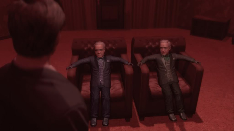 Elderly twins seated in armchairs in Deadly Premonition's red room