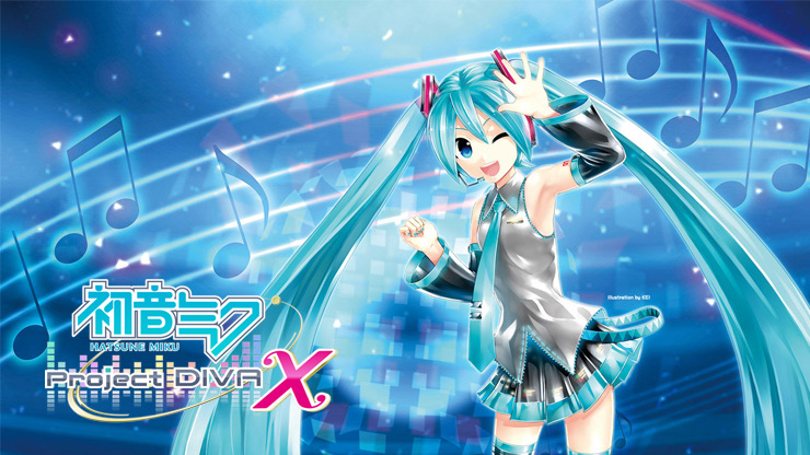 Hatsune Miku waving beside the Project DIVA X logo