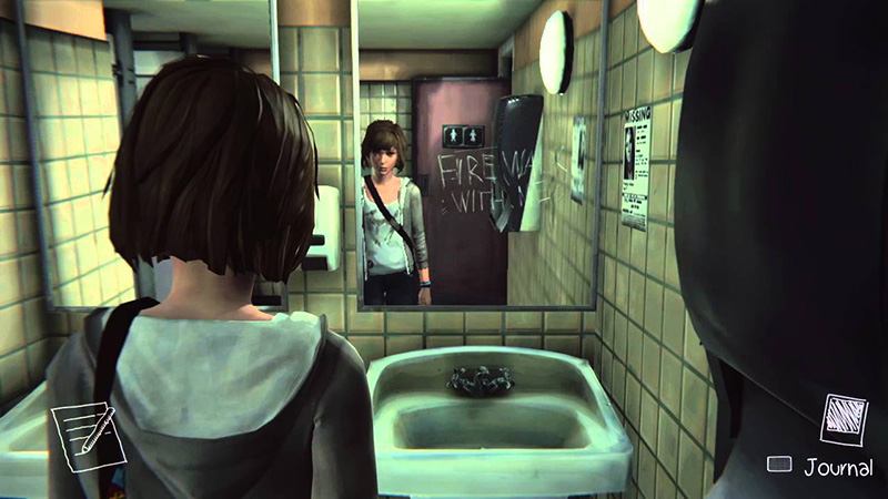 Max at a bathroom mirror scrawled with Fire Walk With Me graffiti