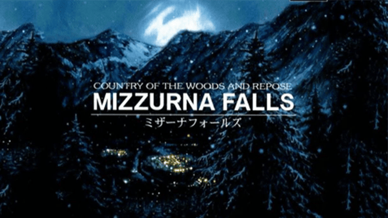 Mizzurna Falls title screen over a snowy forested mountain town at night
