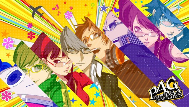 Persona 4 Golden cast portraits in colourful diagonal stripes