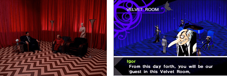 Twin Peaks' red-curtained Black Lodge beside Persona's Velvet Room with Igor