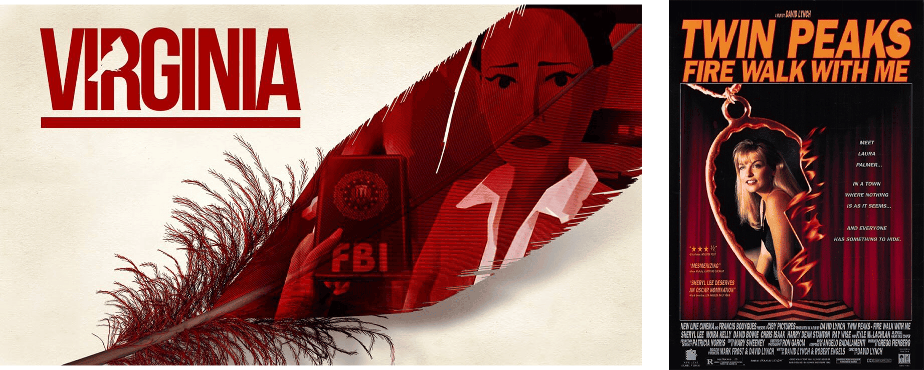Virginia's red feather artwork beside the Twin Peaks: Fire Walk With Me poster