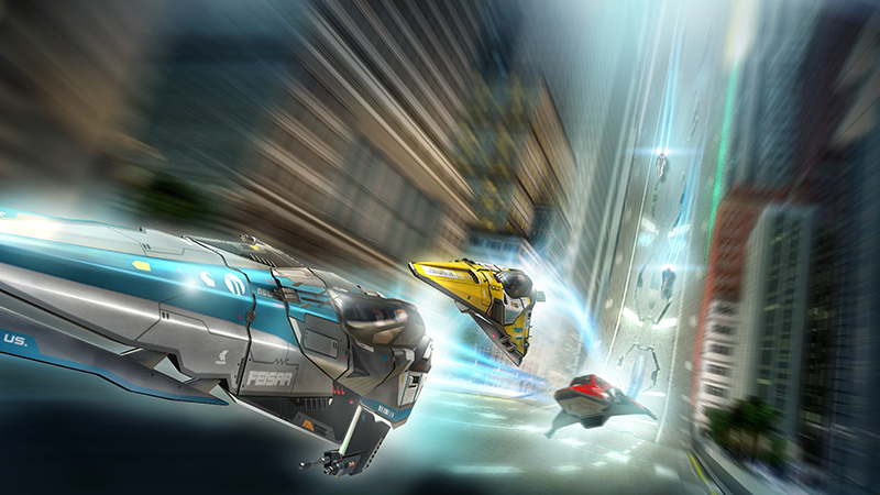 Futuristic Wipeout 2048 ships racing between city skyscrapers