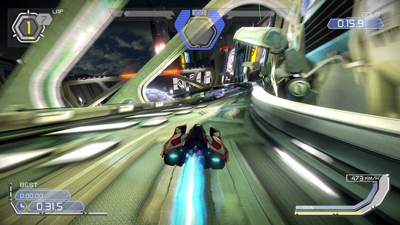 Red and white ship speeding through a curved tunnel at 473 km/h