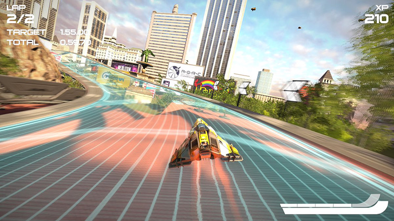 Yellow ship banking through a leafy daytime city track in Wipeout 2048