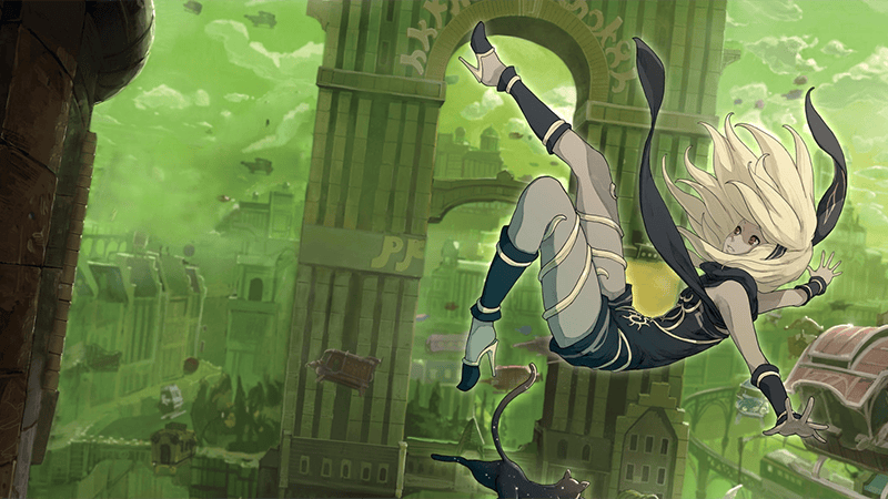 Gravity Rush's Kat falling above a green-tinted floating city