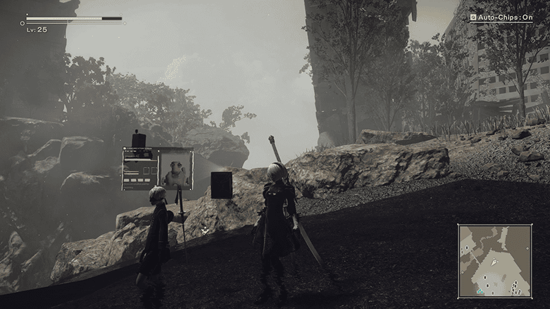 2B and 9S beside a vendor terminal on a misty rocky hillside