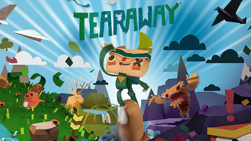 Tearaway's papercraft messenger standing on a fingertip beneath the logo