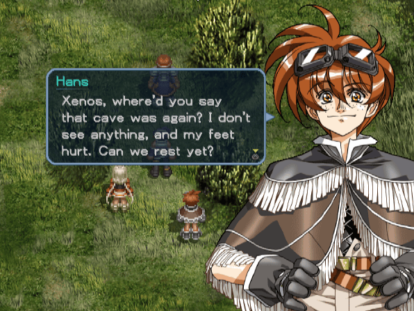Hans asks Xenos where the cave is as the party crosses a grassy field