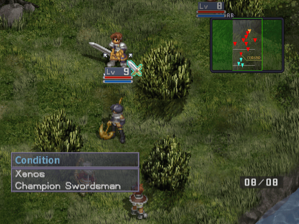 Battle map showing Xenos the Champion Swordsman's condition window and unit minimap