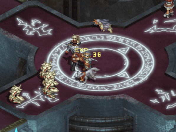 The party battles plant monsters on a glowing magic circle, earning experience