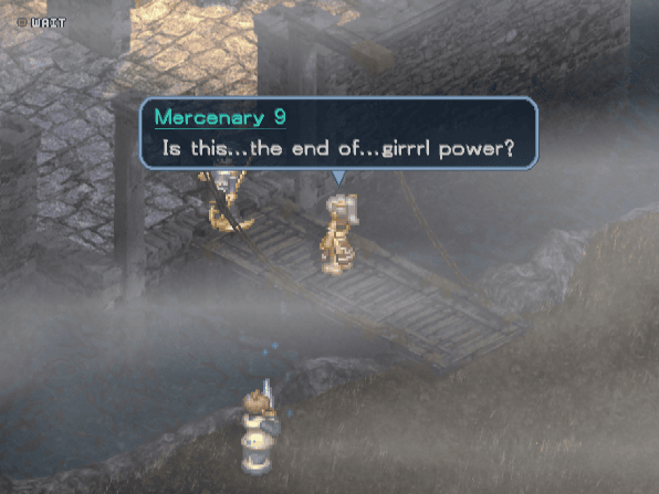 A defeated mercenary on a misty bridge laments the end of girl power