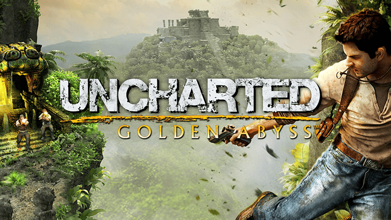 Nathan Drake aiming a pistol beside the Uncharted: Golden Abyss logo