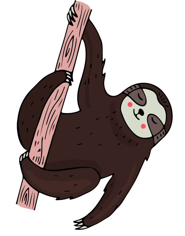 Jimmy the Sloth hanging from a pink tree branch