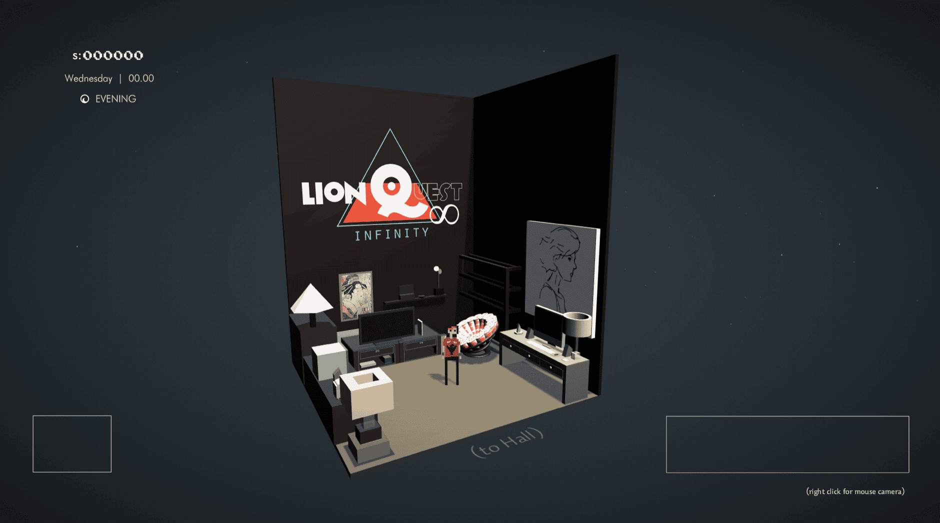 Isometric evening apartment scene with a pixel character beside a computer desk